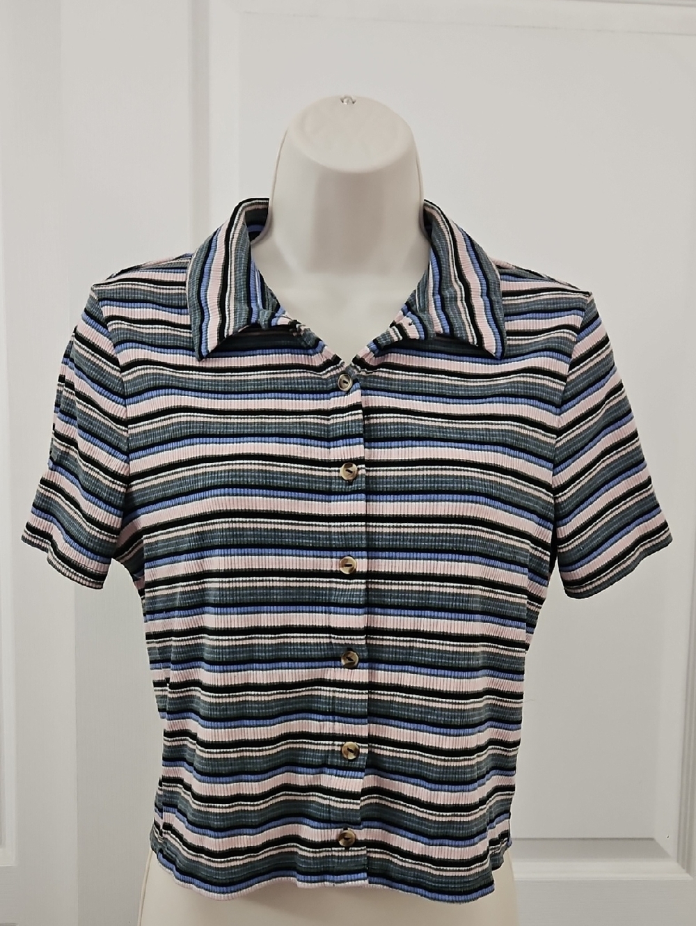 SO | Striped Short-Sleeve Button-Front Polo Top in Blue and Pink. Size L